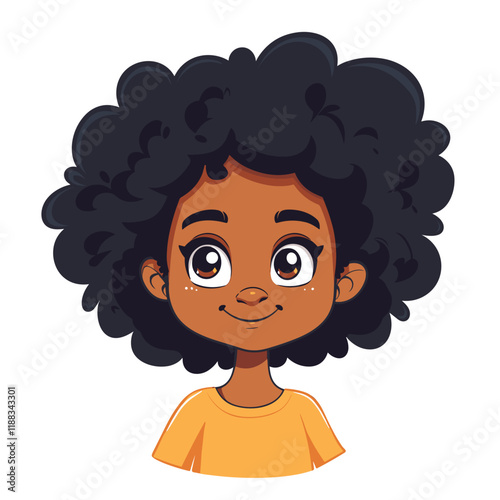 Cute African American girl with curly hair on white background illustration.