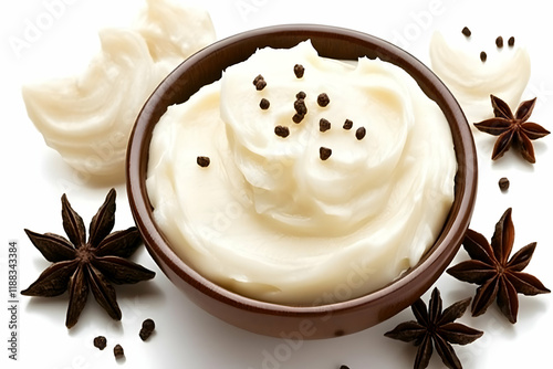 Creamy white substance sits in a brown bowl garnished with peppercorns and star anise on a white background.
