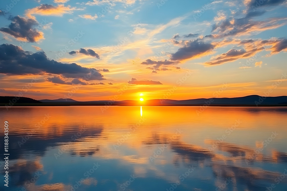 Sunset Reflects on Calm Lake with Colorful Clouds and Distant Hills Sunset Reflects on Calm Lake with Colorful Clouds and Distant Hills