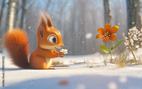 3d cartoon of a squirrel in the snow looking surprised at a flower photo