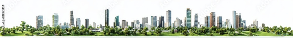 Panoramic view of a modern city skyline with lush green foreground. Panoramic view of a modern city skyline with lush green foreground.
