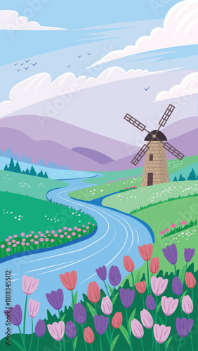 Spring landscape with mill, river and tulips