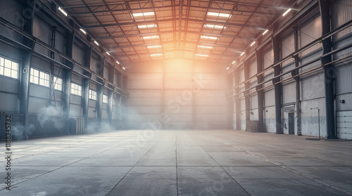Sunlight illuminating smoky empty industrial warehouse building