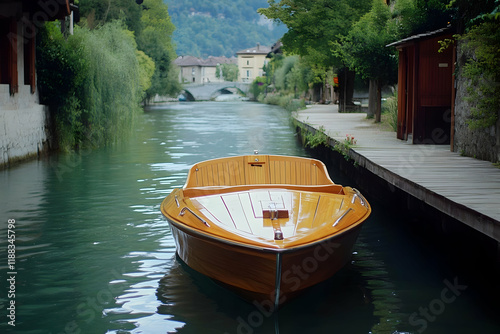 Classic Wooden Boat Moored on a Serene Canal in a Picturesque Town with a Bridge and Lush Greenery