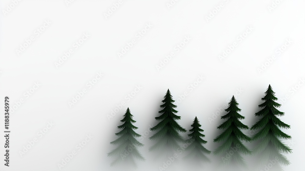 Obraz premium A serene image of green pine trees partially shrouded in mist against a white background, evoking tranquility and nature's beauty.