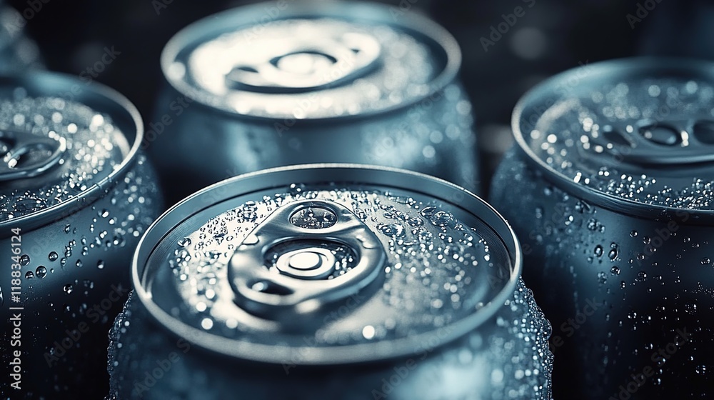 Close-up of silver cans with condensation droplets, emphasizing the freshness and crispness associated with beer cans. Close-up of silver cans with condensation droplets, emphasizing the freshness and crispness associated with beer cans.
