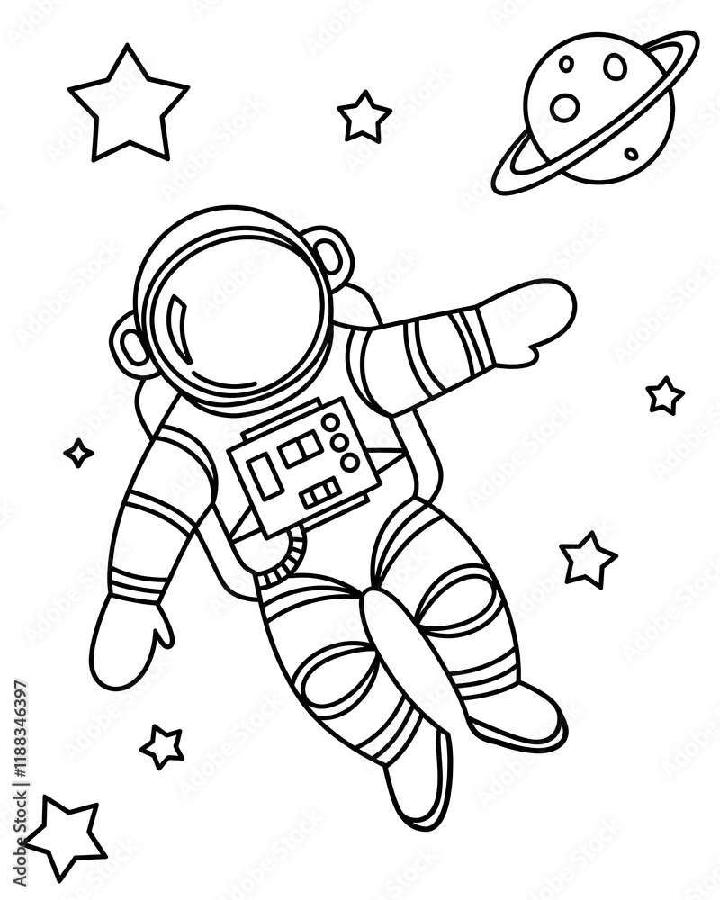 Obraz premium A cartoon astronaut in black and white outline like a coloring book page, transparent background.