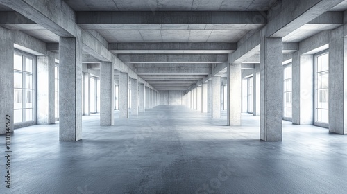Empty modern concrete building interior with large windows and high ceilings.