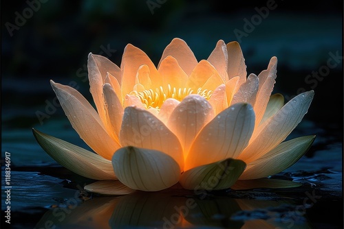 Glowing orange lotus flower blooming on water surface with dark background. Nature, spirituality, meditation themes photo