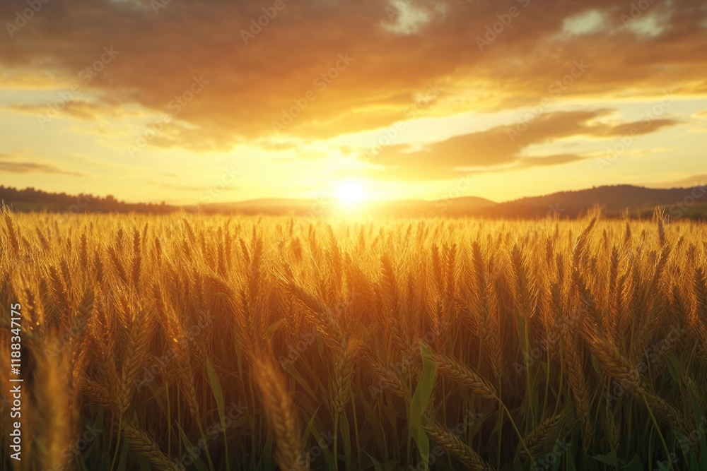 Sunset over wheat crop field landscape. Sunset over wheat crop field landscape.