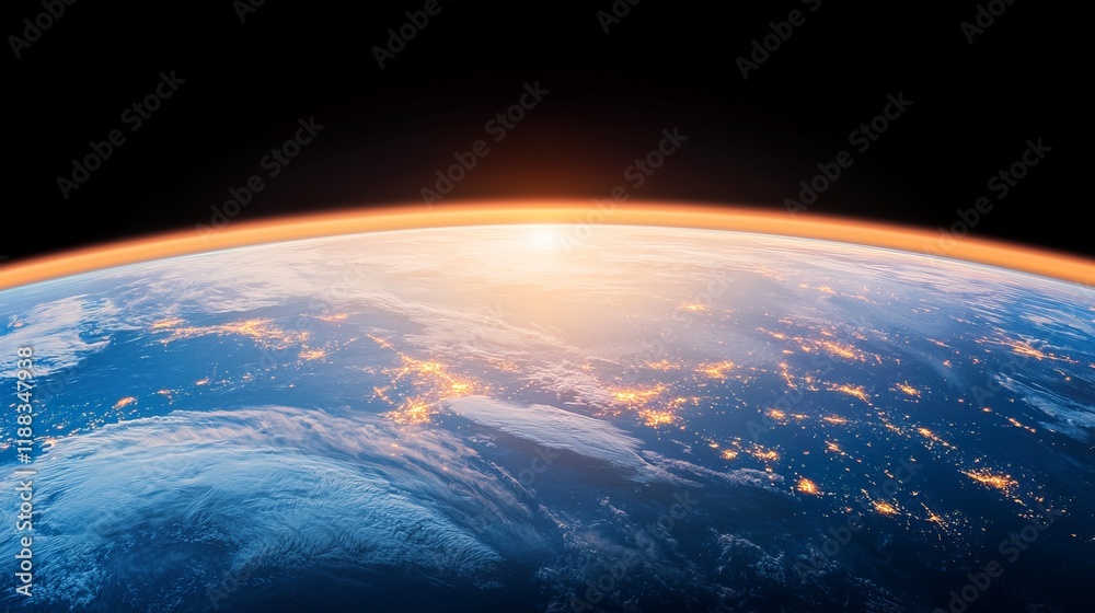 Obraz premium A stunning view of Earth from space, showcasing the curvature of the planet and the glow of sunrise over the horizon.