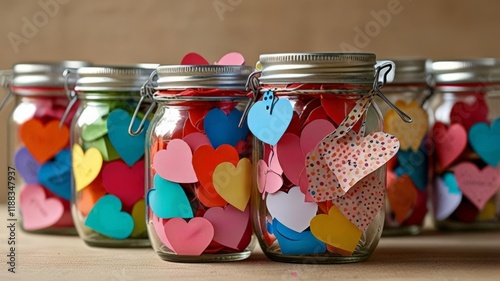 Colorful jars filled with heart-shaped paper cutouts add cheerfulness and charm to any space. Each jar represents love and creativity, reflecting a playful spirit and joyful organization
