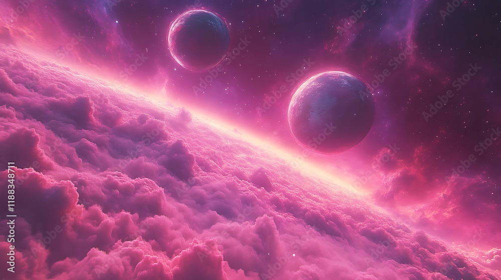 Fototapeta premium Pink Planetary Cloudscape Two Moons Above