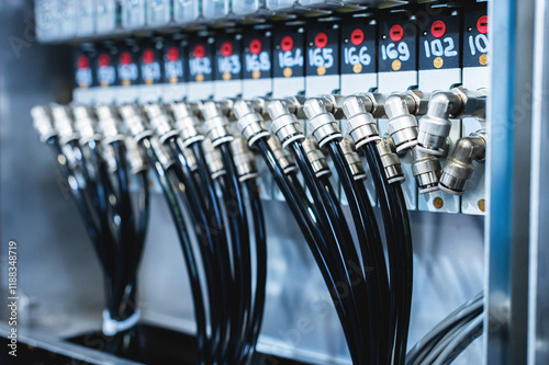 Distribution panel of a pneumatic installation with pneumatic pipes and fittings in production photo