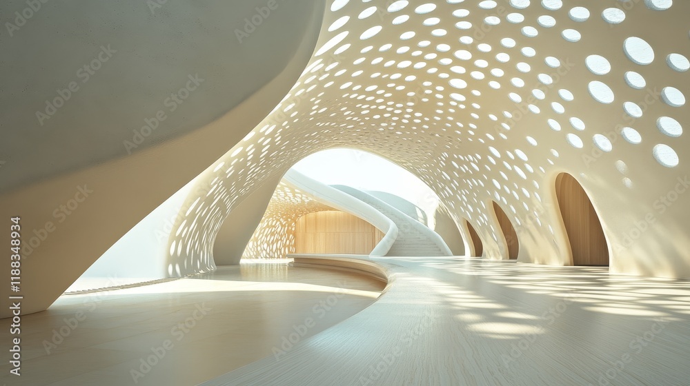 Obraz premium Abstract modern architecture interior with light wood floor and perforated walls.