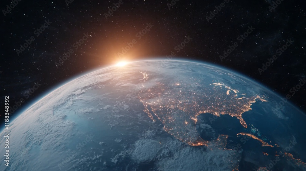 Fototapeta premium A stunning view of Earth from space, showcasing the curvature of the planet with a beautiful sunrise illuminating the atmosphere.