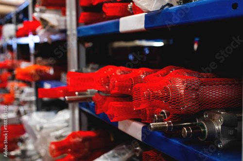 Colored warehouse racks for storing pneumatic cylinders for the production of factory machines and equipment.