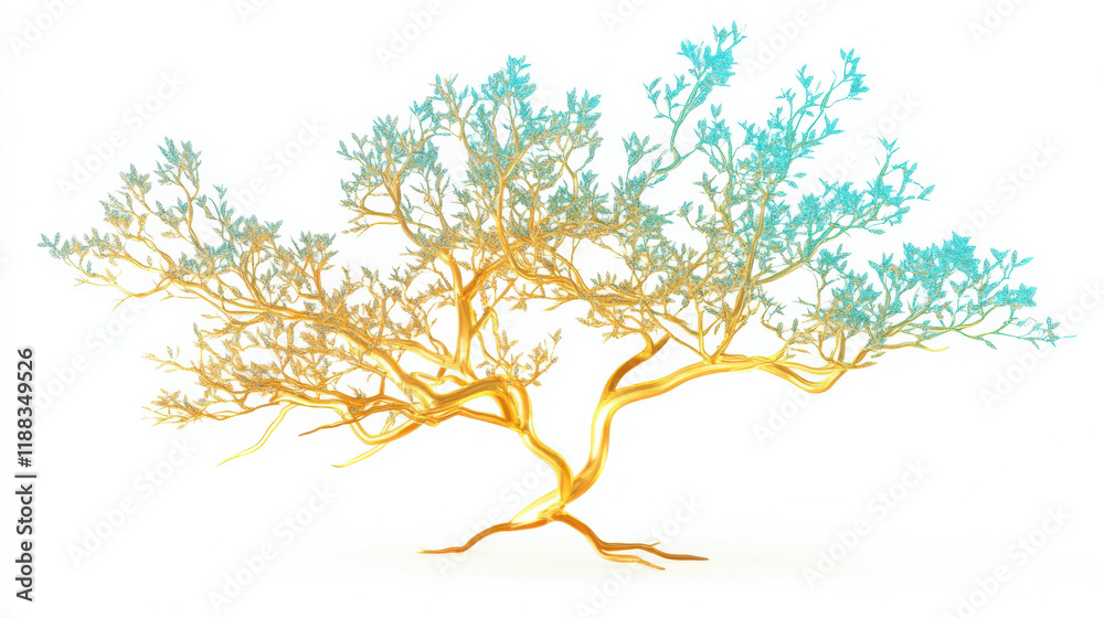 A cut-out style graphic of a surreal golden tree with translucent blue and green leaves, appearing ethereal and delicate, on a stark white background. The tree’s branches stretch like abstract art A cut-out style graphic of a surreal golden tree with translucent blue and green leaves, appearing ethereal and delicate, on a stark white background. The tree’s branches stretch like abstract art