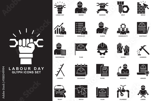 Labor day glyph icons pack, contain badge, bold, flyer, worker, award, hammer, gear and more. use for modern concept UI and UX kit, app and web development. Vector EPS 10.