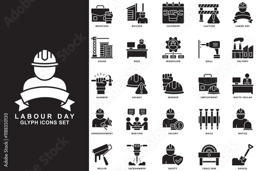 Labor day glyph icons pack, contain builder, caution, crane, hammer, helmet, worker, meeting, safety and more. use for modern concept UI and UX kit, app and web development. Vector EPS 10.