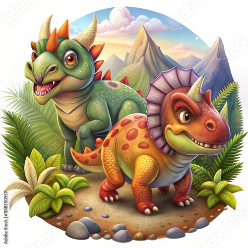 Adorable Cartoon Dinosaurs in a Lush Jungle Setting photo