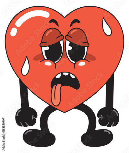 Cartoon Heart Character tired with Sweaty Expression