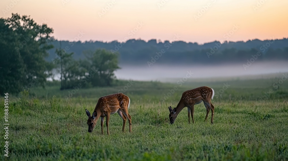 Naklejka premium As mist parts, dawn unveils deer grazing peacefully in a verdant meadow bathed in gentle light, evoking serenity and natural beauty.