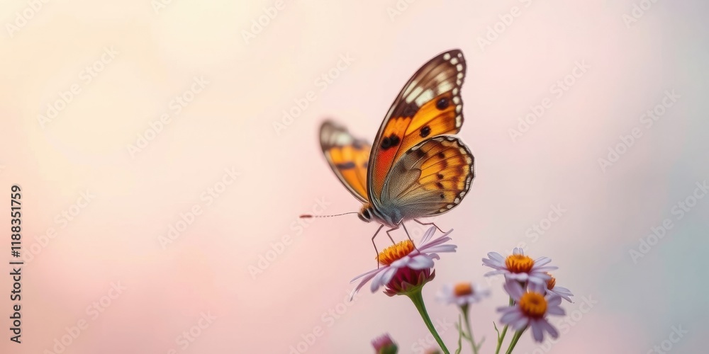 Obraz premium A delicate butterfly with orange and black wings rests gently on a pink flower, its wings outstretched in the soft light of a summer sunset.