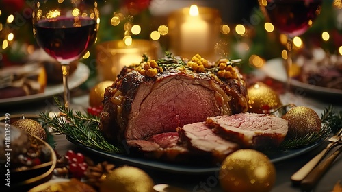 A beautiful, mouthwatering video of medium-rare beef fillet on the dinner table, with Christmas decorations and candles in the background.