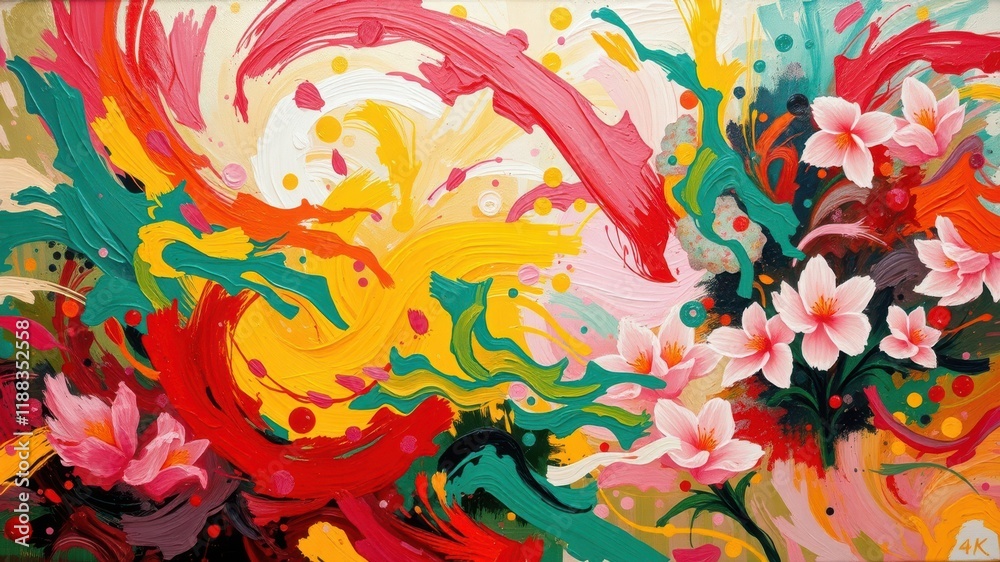 Fototapeta premium A vibrant abstract painting with bold brushstrokes and delicate flowers in shades of pink, yellow, red, and green.