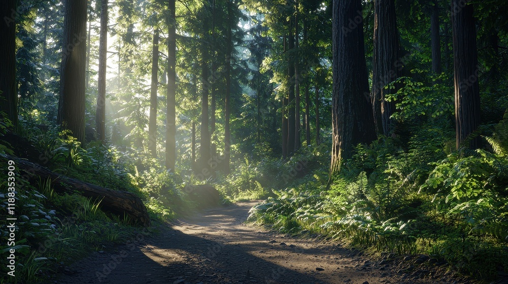 Obraz premium Scenic Forest Path Surrounded by Tall Trees with Sunlight Filtering