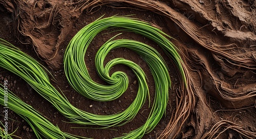 Brown and green swirling lines representing soil and grass photo