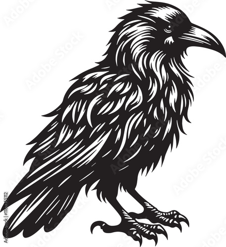 Raven Silhouette line art vector illustration on white background