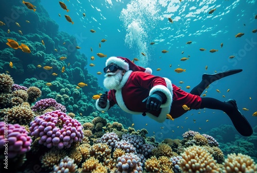 Santa Claus Scuba Diving in Coral Reef