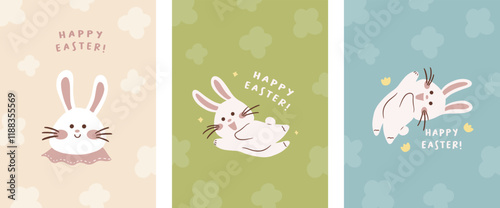 Whimsical Cute Easter Hand Drawn illustration with bunnies, eggs, carrots, and flowers. Spring, pastel color, editable vector, cute patterns, greeting card, easter card, template