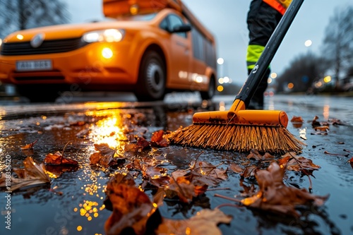 A man sweeping leaves on the ground with a broom. photo