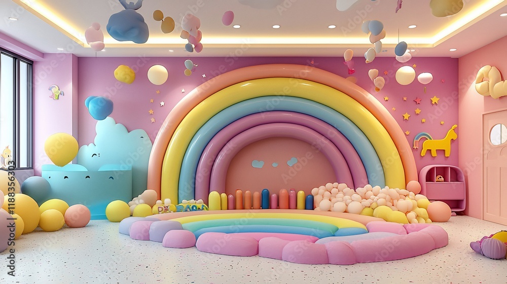 Fototapeta premium Colorful rainbow playroom with pastel decor, balloons, and unicorn.