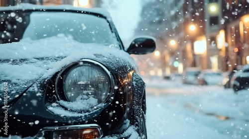 Close-up of a black car covered in snow on a city street during winter, with snow falling. 