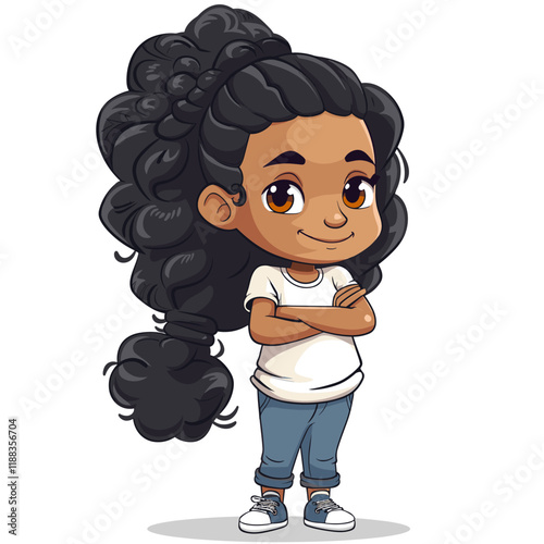 Cute little black girl with curly hair. Vector cartoon illustration.