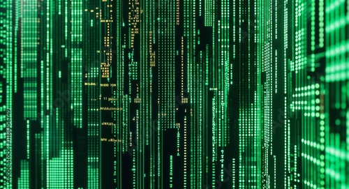 Emerald green digital grid with cascading code lines