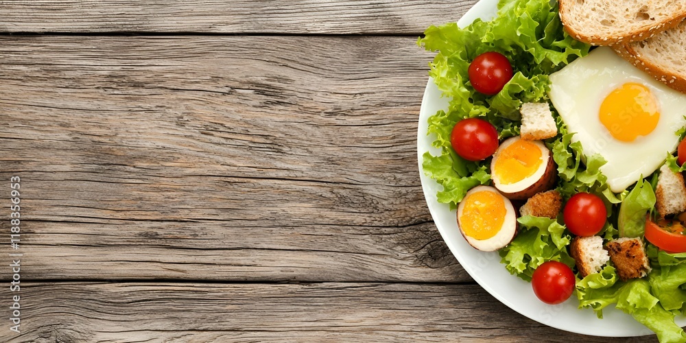 Holistic wellbeing concept. Fresh salad with eggs, tomatoes, and toast on a rustic wooden table. Holistic wellbeing concept. Fresh salad with eggs, tomatoes, and toast on a rustic wooden table.