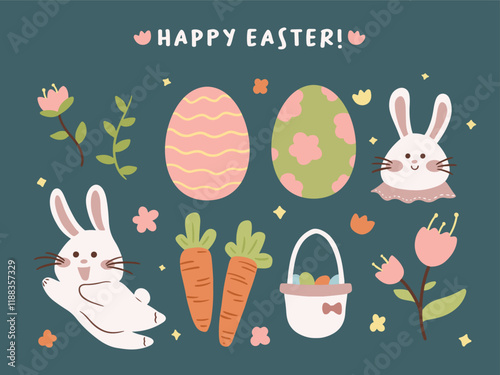 Whimsical Cute Easter Hand Drawn illustration with bunnies, eggs, carrots, and flowers. Spring, pastel color, editable vector, cute patterns