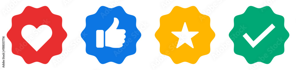 Like, tick, heart and star icon thumb up social media symbol set on white background. Star, check mark, thumb up and heart icon set. Social Media Button Or badge. Like, tick, heart and star icon thumb up social media symbol set on white background. Star, check mark, thumb up and heart icon set. Social Media Button Or badge.