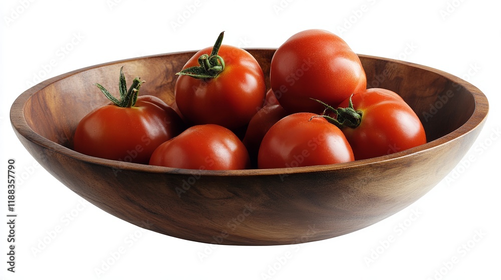 Fresh, vibrant red tomatoes rest in a wooden bowl, isolated against a pure white backdrop. The image is framed by a precise clipping path, allowing for effortless incorporation into various designs. Fresh, vibrant red tomatoes rest in a wooden bowl, isolated against a pure white backdrop. The image is framed by a precise clipping path, allowing for effortless incorporation into various designs.
