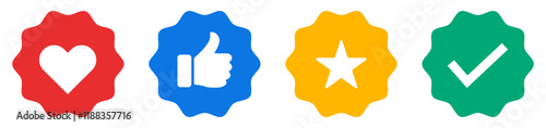 Like, tick, heart and star icon thumb up social media symbol set on white background.  Star, check mark, thumb up and heart icon set. Social Media Button Or badge. 