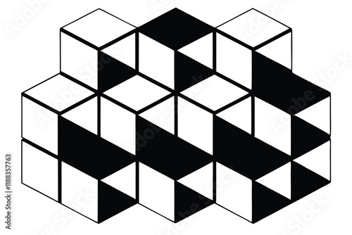 Isometric black and white cube arrangement creating a mesmerizing 3D optical illusion with modern geometric aesthetics