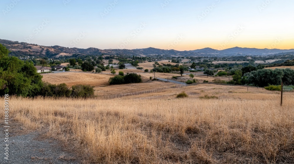 Obraz premium A serene sunset over rolling hills covered in wild grass, evoking tranquility and natural beauty.