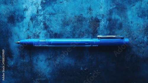 Vibrant blue click pen on a simple backdrop, showcasing its sleek design and functionality, perfect for writing enthusiasts.