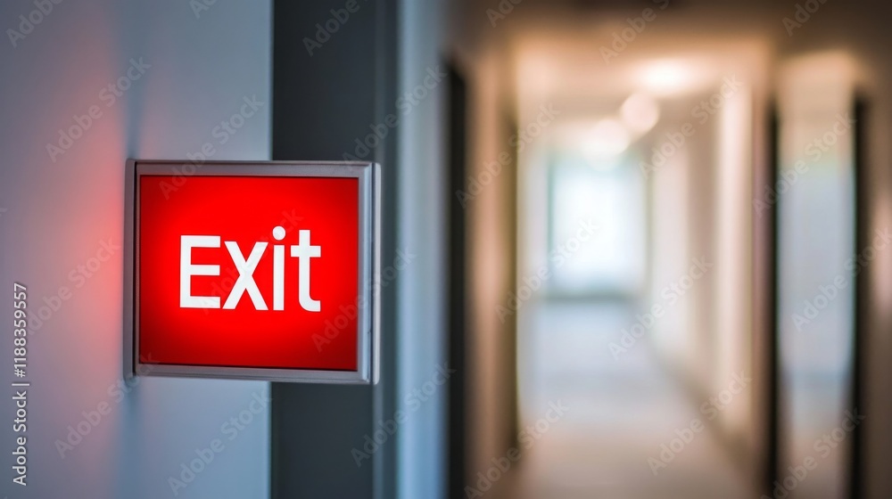 Open door with exit sign, symbolizing the freedom and opportunity to leave behind the past and embrace new beginnings, encouraging a sense of liberation and forward movement. Open door with exit sign, symbolizing the freedom and opportunity to leave behind the past and embrace new beginnings, encouraging a sense of liberation and forward movement.
