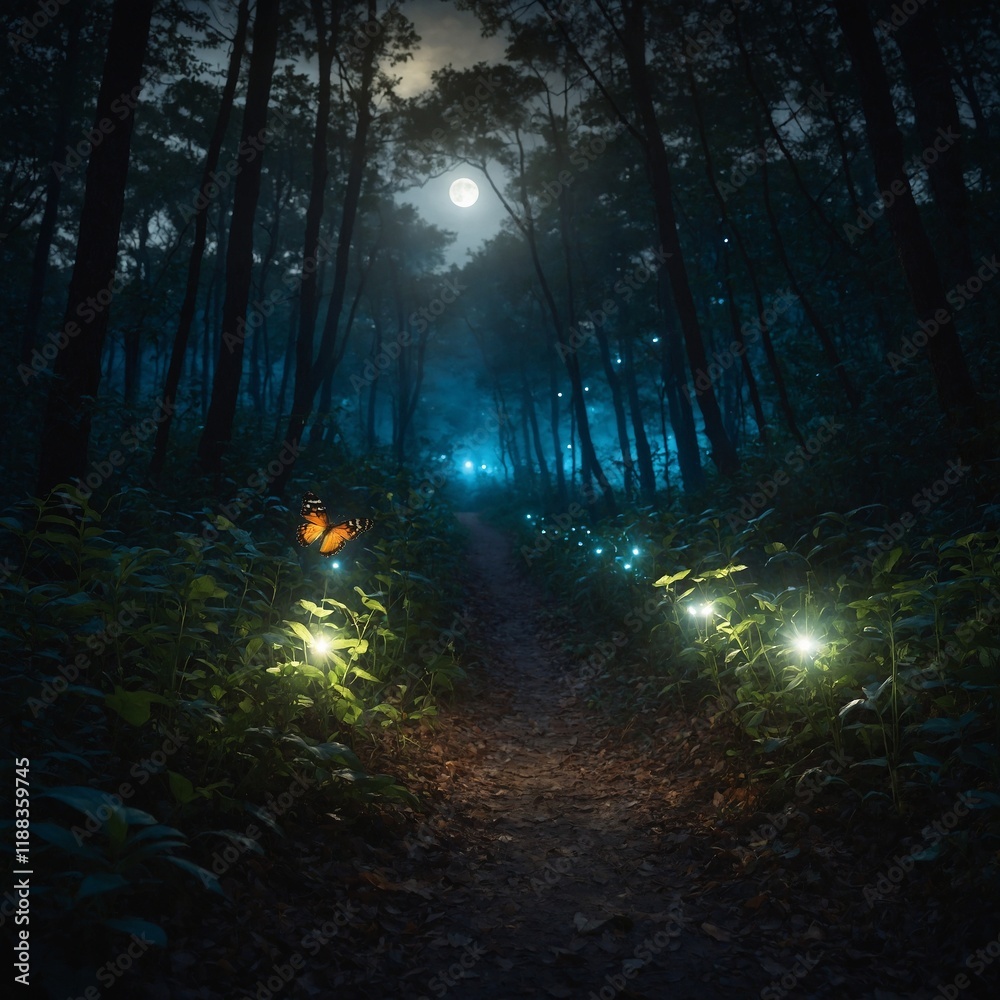 Obraz premium A glowing butterfly leading travelers along a path in a moonlit forest.